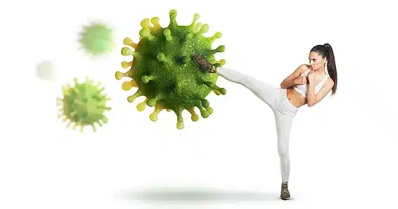 female doing high kick into giant germ